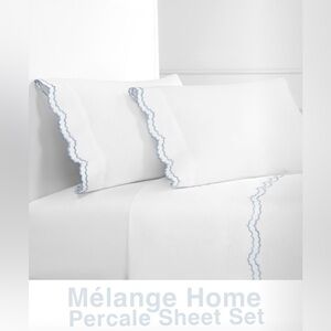 Melange Home | Percale Cotton Blue Double Scalloped Embroidered Crisp Sheet Set